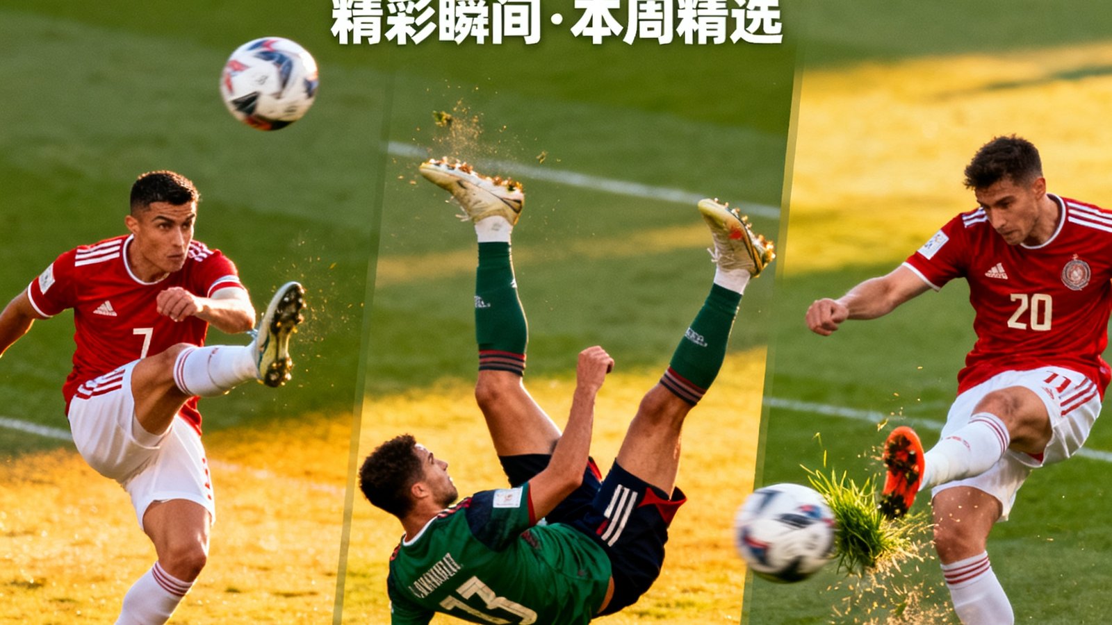 每日十佳球海报风格，包含凌空抽射、倒钩、远射等画面